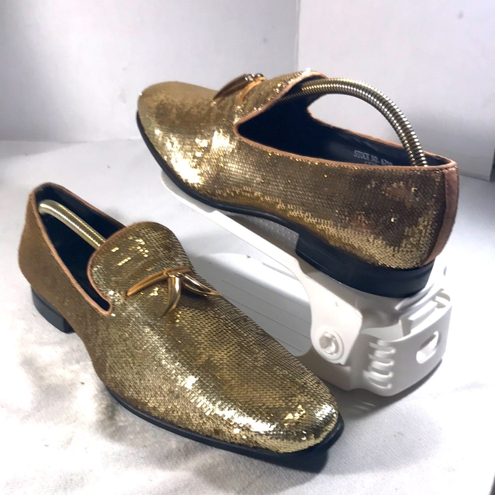 After Midnight Gold Sequin Men's Slip On Loafers with Golden Metal Horn Bits